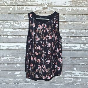 White House Black Market Floral Tank Top - Black and Pink Size Large